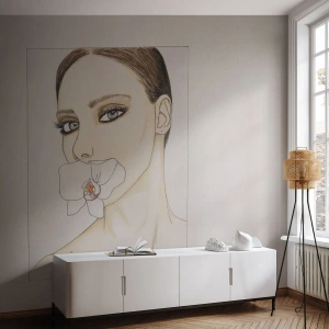 Fotomurali Premium Sand - Una donna con un'orchidea in bocca in uno schizzo minimalista. - 100x70cm - Simbolo di eleganza e bellezza - Decorazione murale moderna per soggiorno e camera da letto ARTTOR