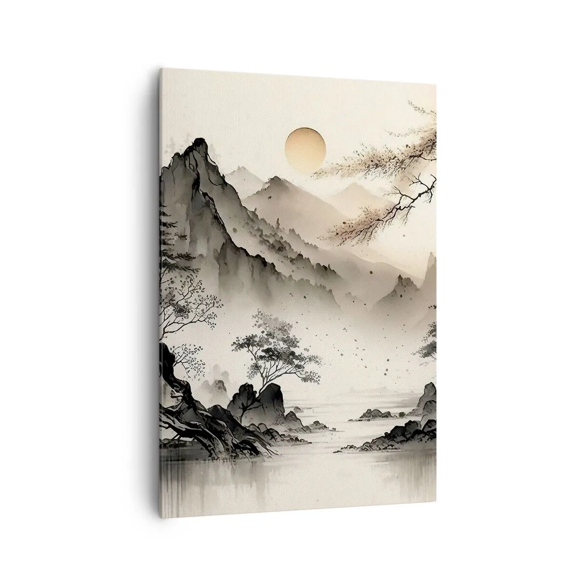 Quadro su tela - Stampe su Tela - Un paesaggio orientale con montagne e una pagoda dalle tonalità delicate. - 70x100cm - Il fascino irripetibile dell'oriente - Decorazione murale moderna per soggiorno e camera da letto ARTTOR