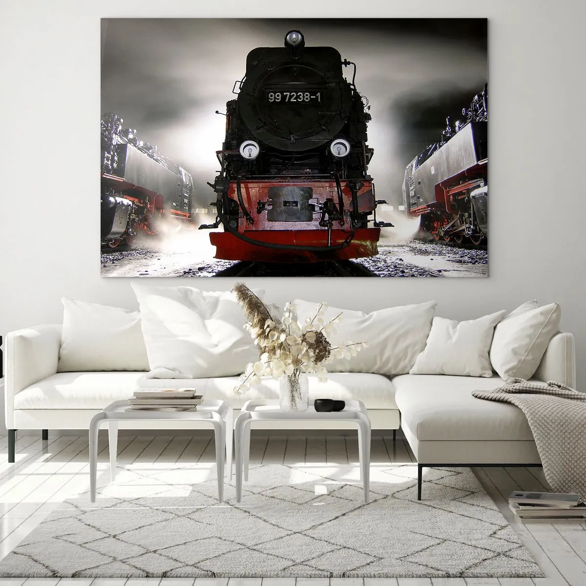 Quadro su vetro - Una locomotiva a vapore circondata da vapore e luce - 120x80cm - Ansima, sbuffa e soffia - Decorazione murale moderna per soggiorno e camera da letto ARTTOR