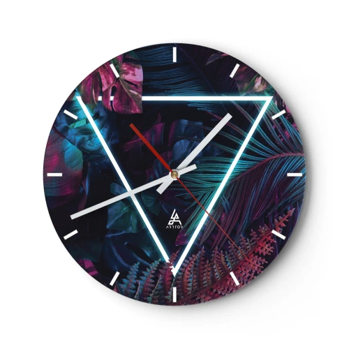 Orologio da parete - Orologio in Vetro - Foglie tropicali e felci con triangolo neon - 30x30cm - Giardino in stile discoteca - Decorazione murale moderna per soggiorno, cucina e camera da letto ARTTOR
