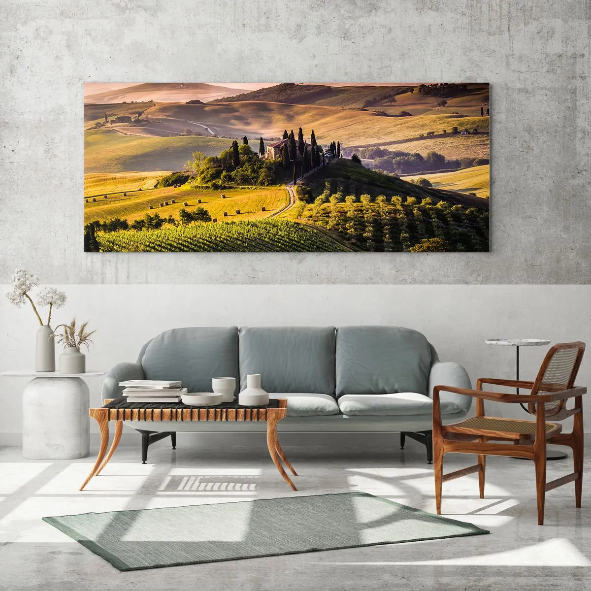 Quadro su vetro - Paesaggio toscano con vigneti e una casa su una collina - 160x50cm - Arcadia: paesaggio toscano - Decorazione murale moderna per soggiorno e camera da letto ARTTOR
