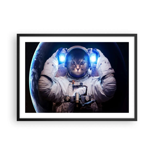 Poster in cornice nera - Un gatto in tuta da astronauta con la Terra sullo sfondo e una luce intensa. - 70x50cm - Houston, avete un problema - Decorazione murale moderna per soggiorno e camera da letto ARTTOR