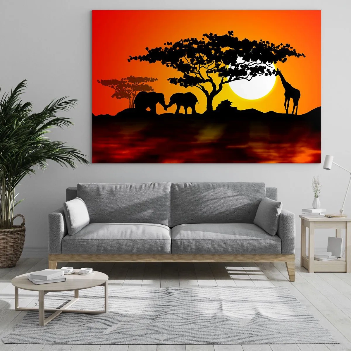 Quadro su vetro - Paesaggio africano con alberi e animali al tramonto - 100x70cm - Incontro nella savana - Decorazione murale moderna per soggiorno e camera da letto ARTTOR