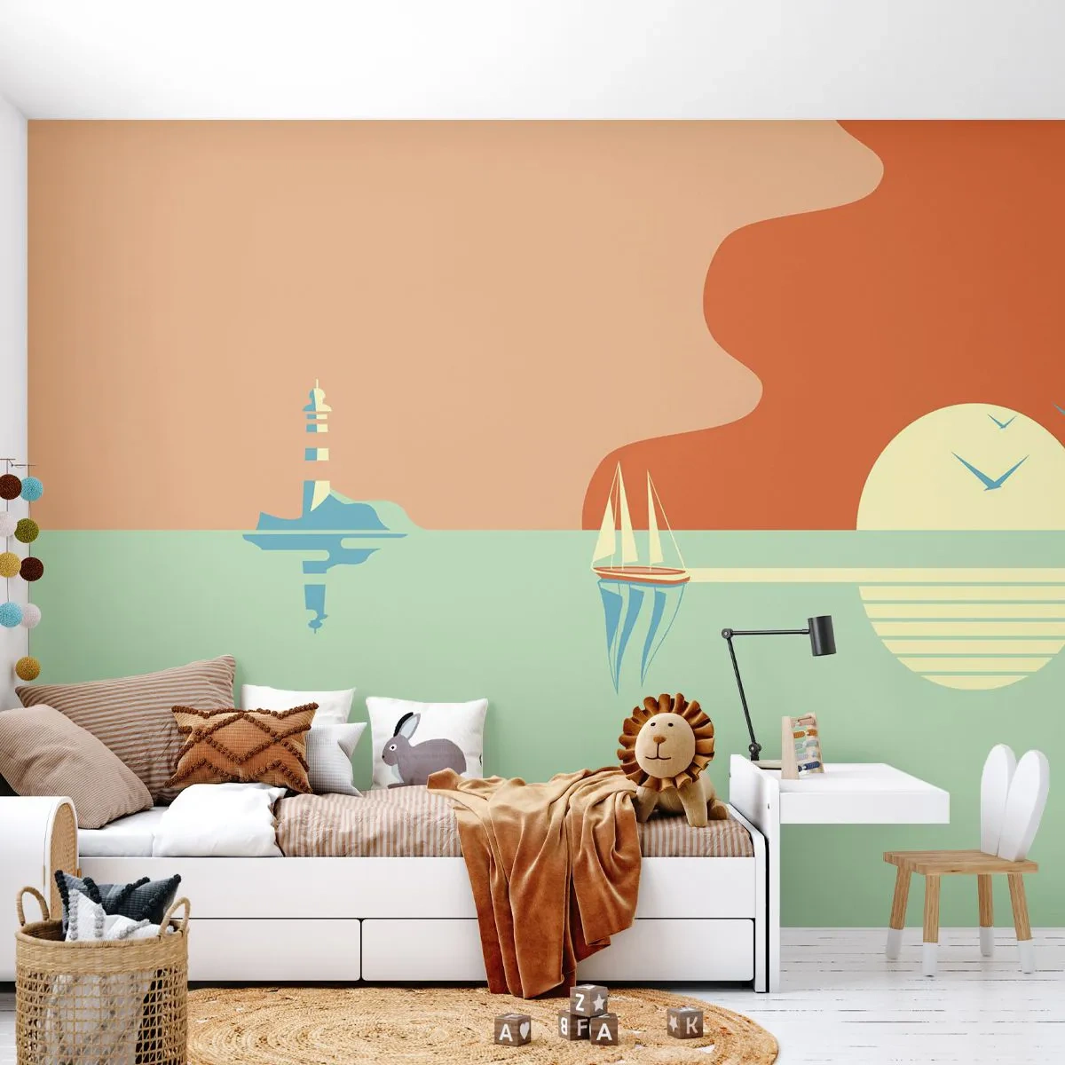 Fotomurali Premium Sand - Ideale paesaggio marittimo - Astrazione, Veliero, Lanterna - 250x175 cm