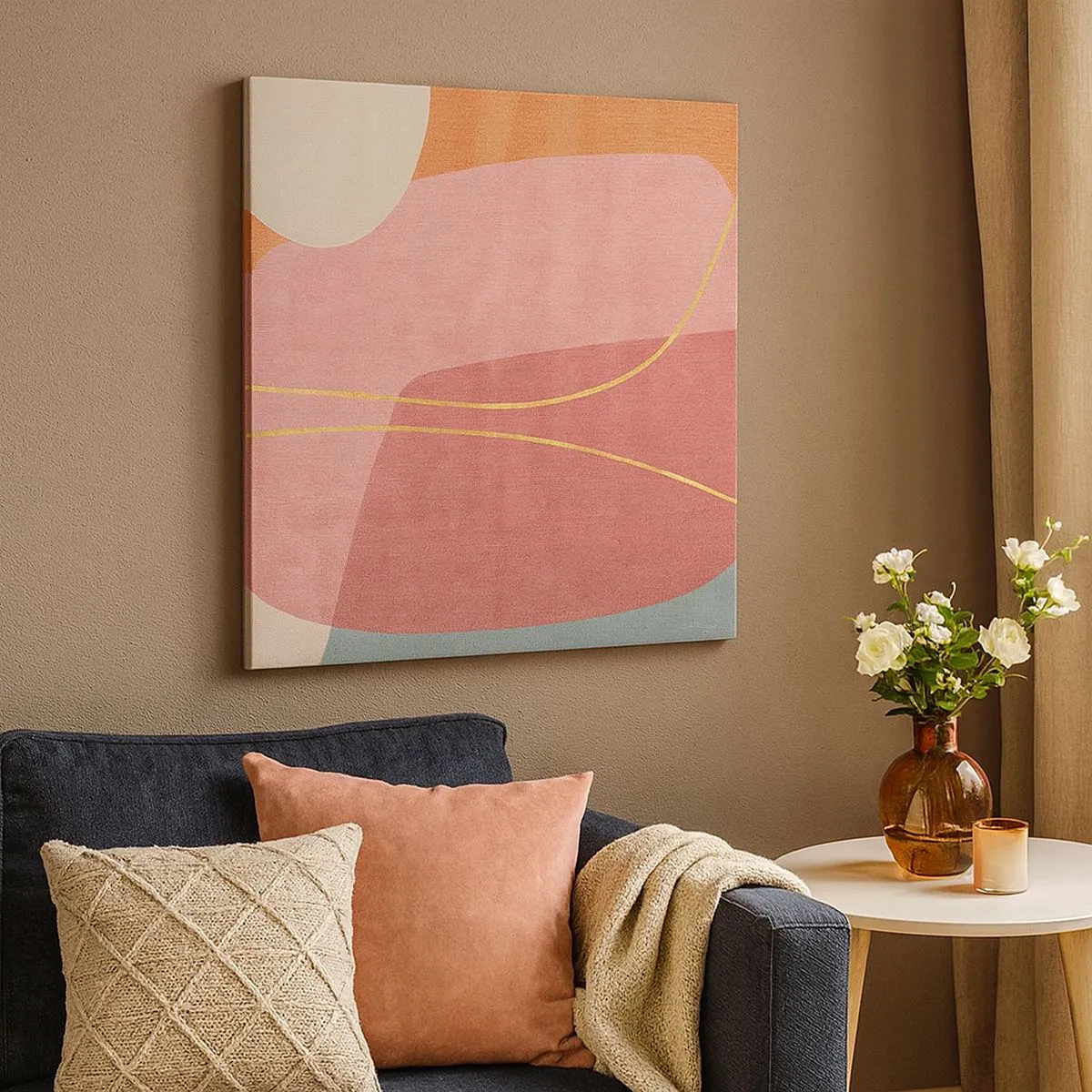 Quadro su tela - Stampe su Tela - Composizione pastello con filo dorato - 30x30 cm