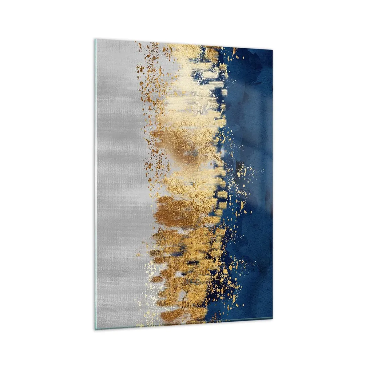 Quadro su vetro - Una composizione astratta nei toni dell'oro e del blu navy. - 80x120cm - Composizione moderna con bagliore - Decorazione murale moderna per soggiorno e camera da letto ARTTOR