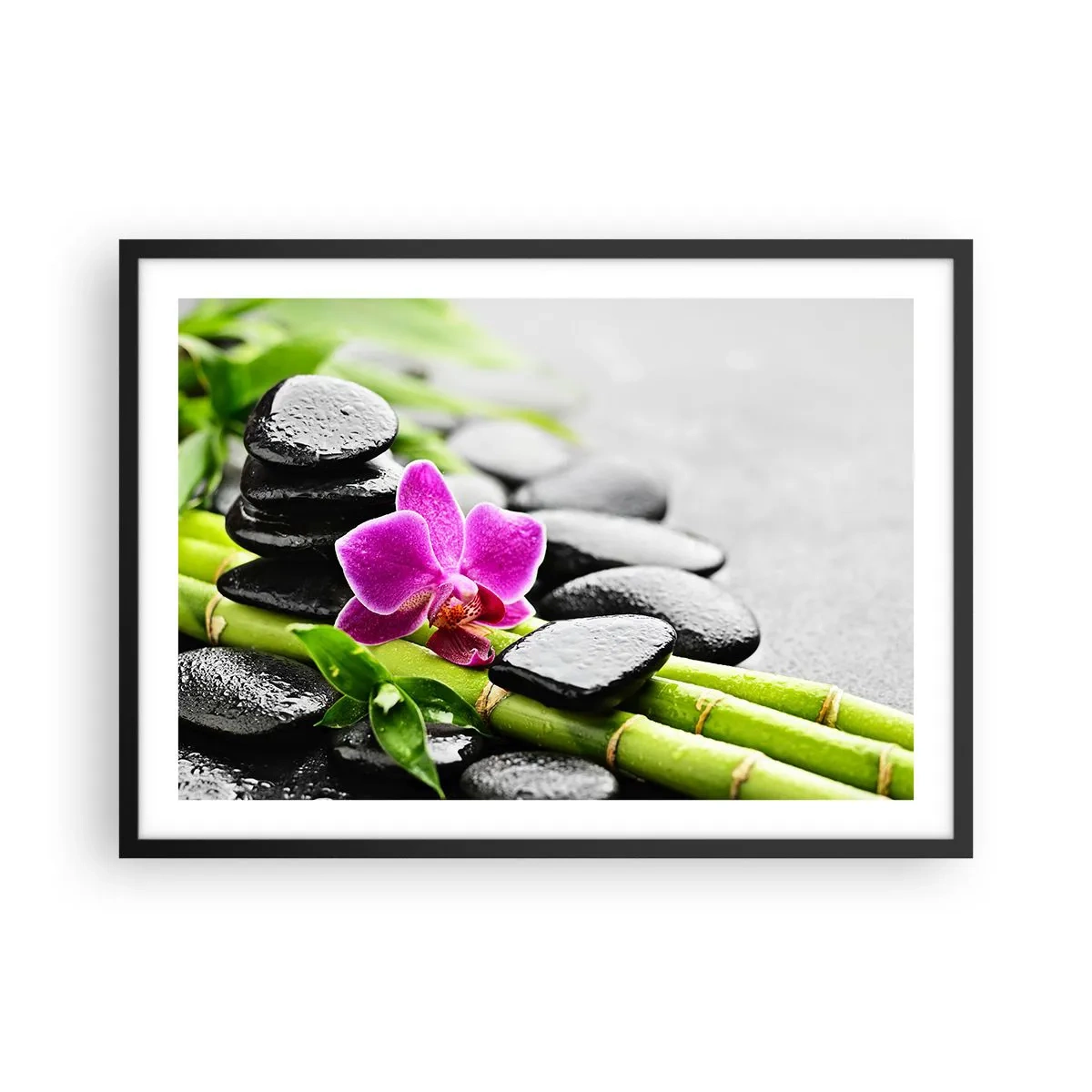 Poster in cornice nera - Orchidea viola, pietre nere e bambù in una composizione tranquilla - 70x50cm - Un tranquillo equilibrio - Decorazione murale moderna per soggiorno e camera da letto ARTTOR