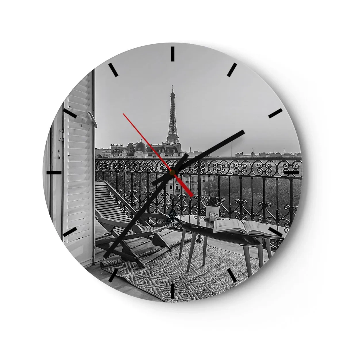 Orologio da parete - Orologio in Vetro - Vista dal balcone della Torre Eiffel in bianco e nero - 30x30cm - Pomeriggio parigino - Decorazione murale moderna per soggiorno, cucina e camera da letto ARTTOR