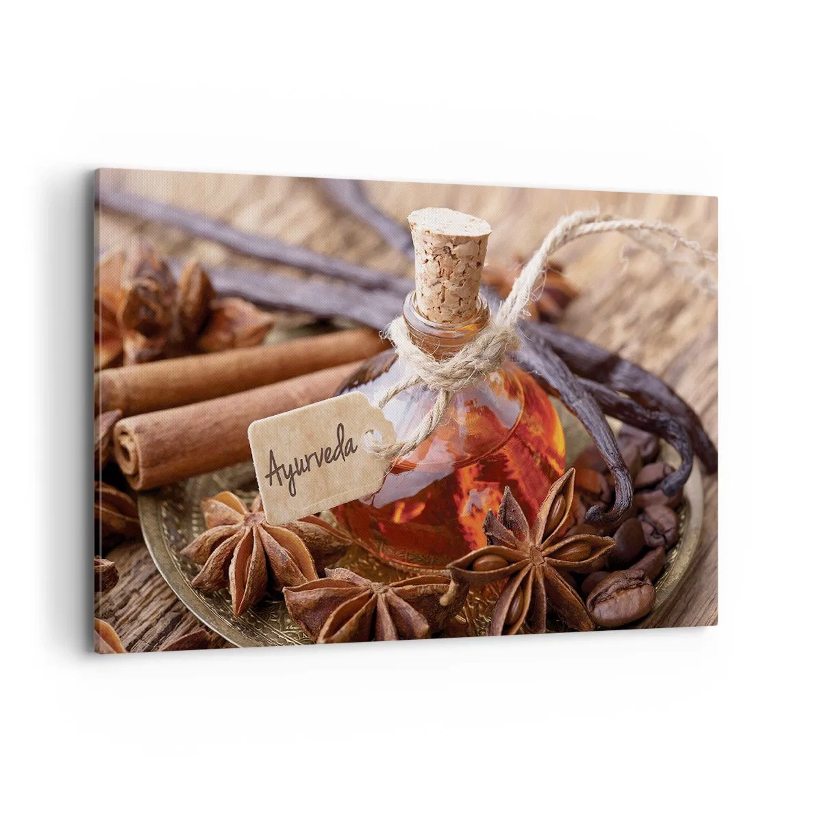 Quadro su tela - Stampe su Tela - Una bottiglia di olio speziato su un vassoio - 120x80cm - Verso l'unità del corpo e dell'anima - Decorazione murale moderna per soggiorno e camera da letto ARTTOR