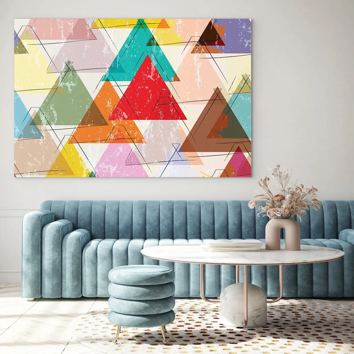 Quadro su vetro - Motivo astratto di triangoli in diversi colori - 100x70cm - Tre alla volta - Decorazione murale moderna per soggiorno e camera da letto ARTTOR