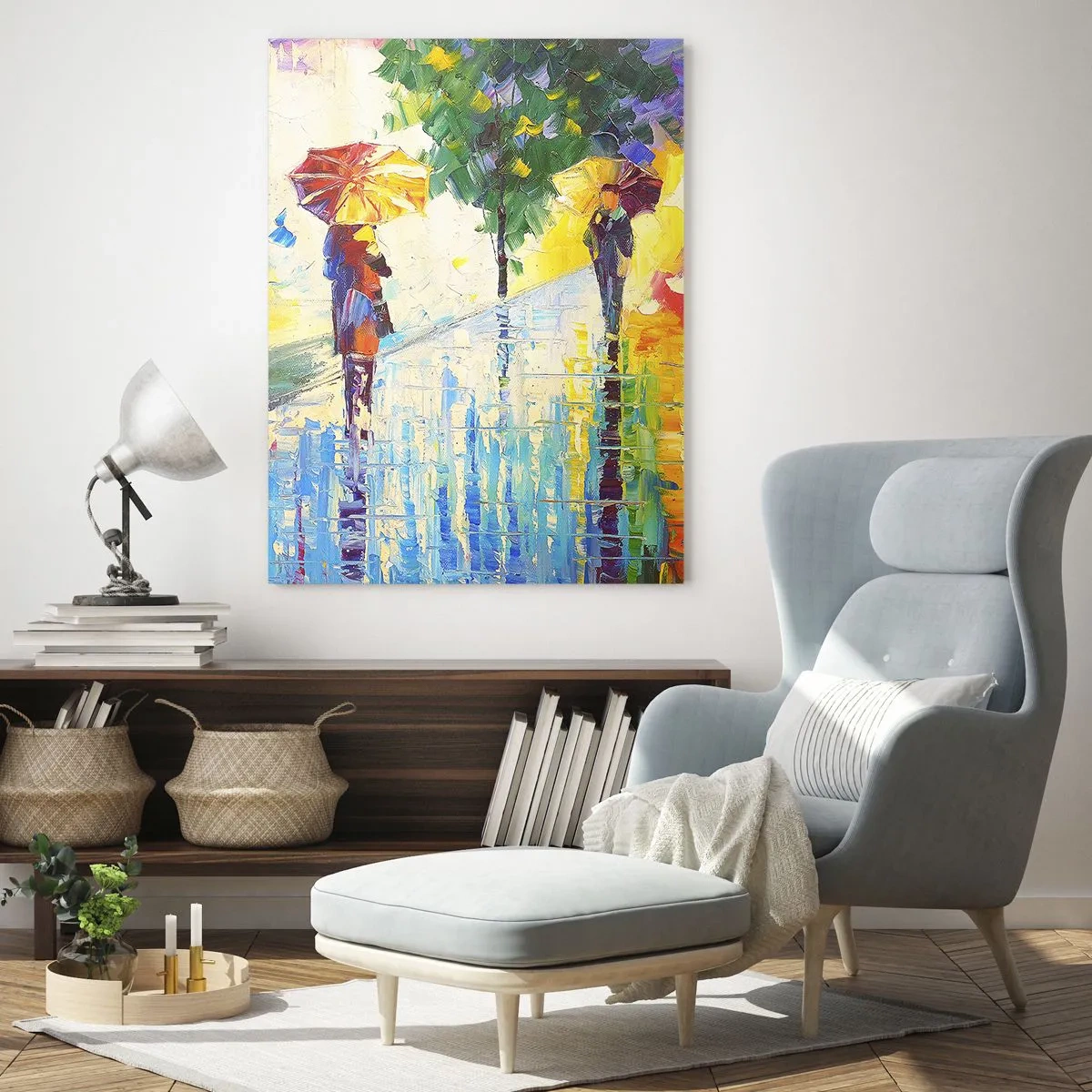Quadro su vetro - Una passeggiata con l'ombrello in un colorato paesaggio piovoso - 80x120cm - E tutto è chiaro - Decorazione murale moderna per soggiorno e camera da letto ARTTOR