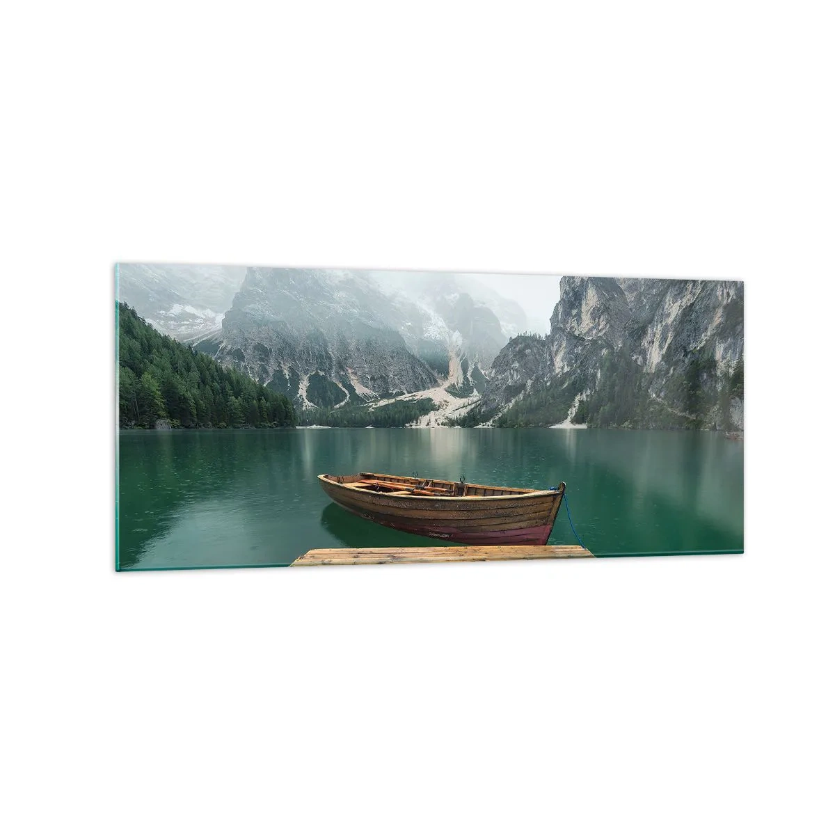 Quadro su vetro - Una barca di legno su un molo su un lago circondato da montagne - 120x50cm - E attorno le fiere rocce - Decorazione murale moderna per soggiorno e camera da letto ARTTOR