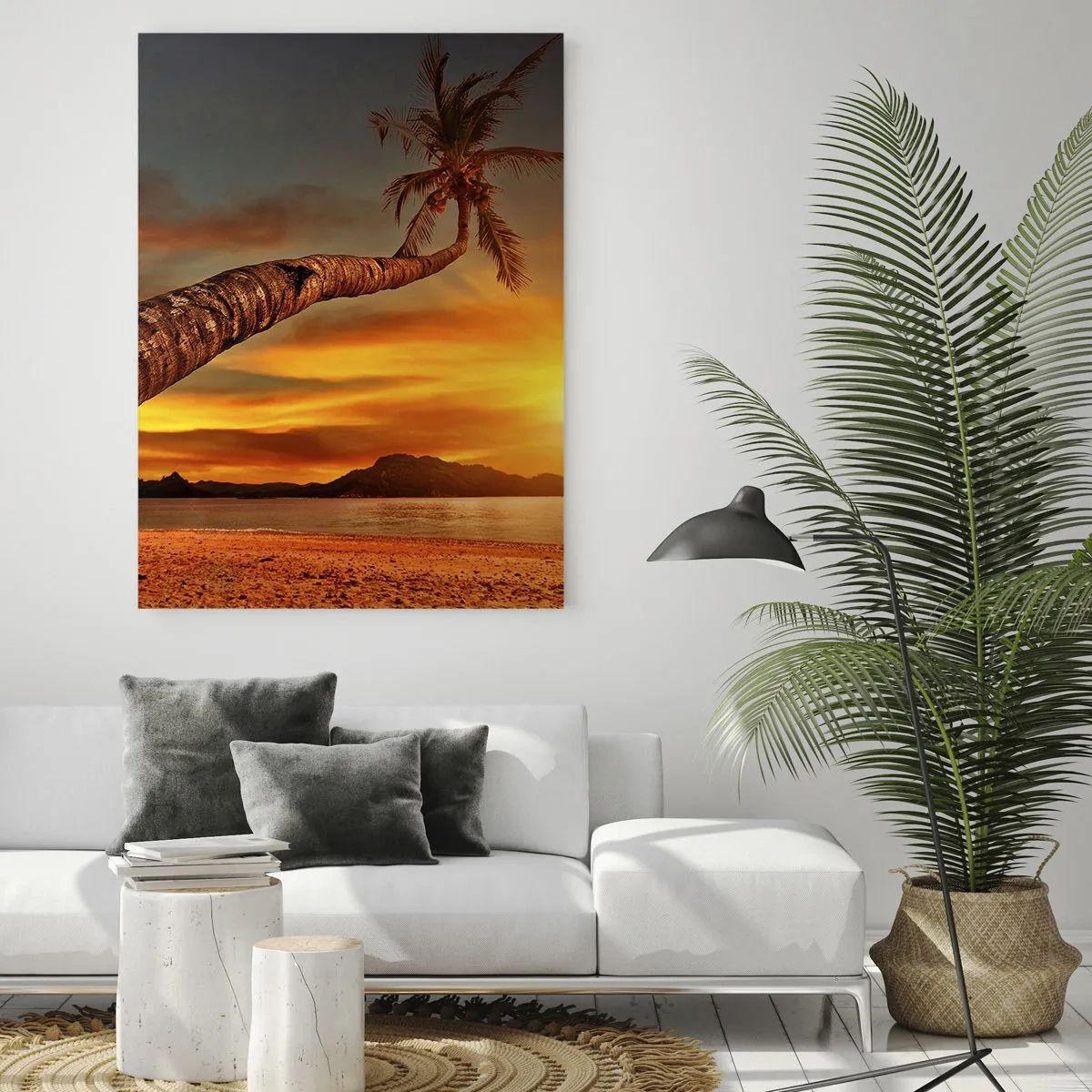 Quadro su vetro - Palma su una spiaggia tropicale al tramonto - 50x70cm - Vacanze esotiche, avventura nei Caraibi - Decorazione murale moderna per soggiorno e camera da letto ARTTOR