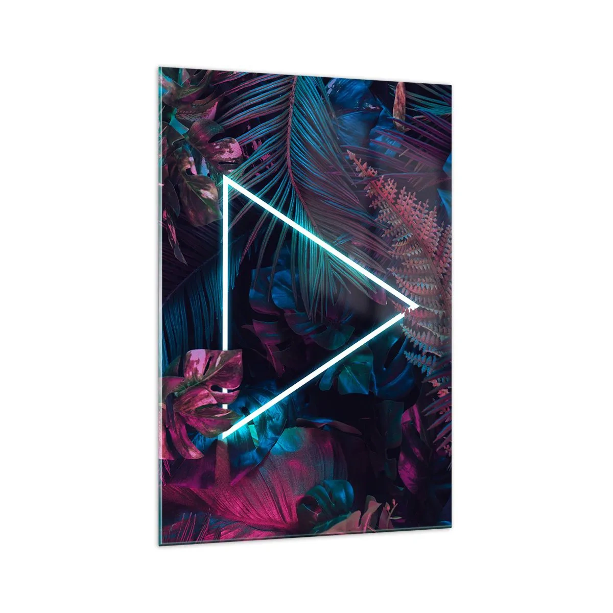 Quadro su vetro - Un triangolo al neon circondato da foglie tropicali dai colori scuri. - 70x100cm - Giardino in stile discoteca - Decorazione murale moderna per soggiorno e camera da letto ARTTOR