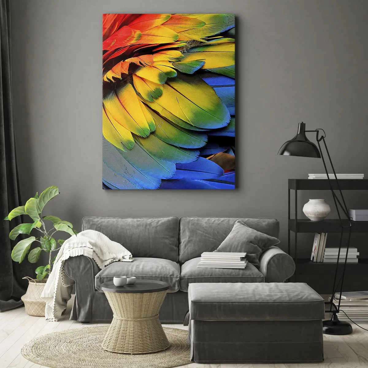 Quadro su tela - Stampe su Tela - Un primo piano delle piume colorate di un pappagallo - 50x70cm - L'uccello del paradiso - Decorazione murale moderna per soggiorno e camera da letto ARTTOR