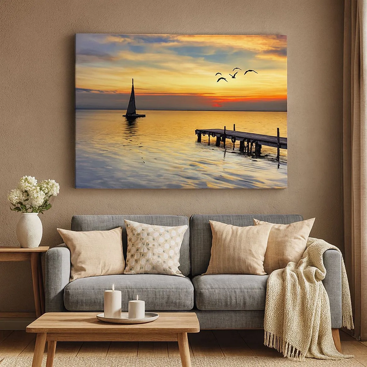 Quadro su tela - Stampe su Tela - Tramonto con barca a vela e molo su un lago calmo - 70x50cm - Il ritorno alla sera - Decorazione murale moderna per soggiorno e camera da letto ARTTOR