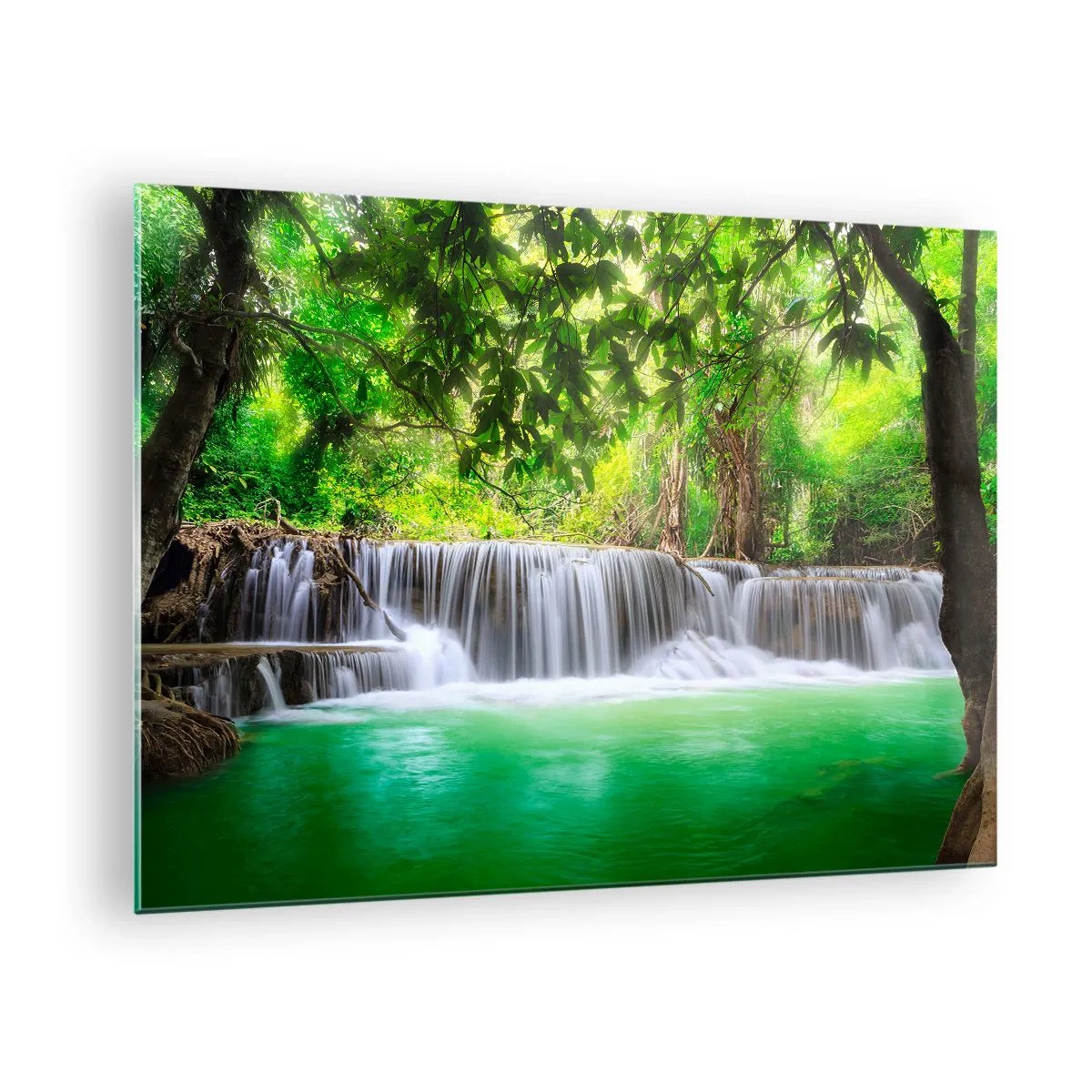 Quadro su vetro - Una cascata in una foresta tropicale con acqua cristallina - 70x50cm - Cascata nel verde - Decorazione murale moderna per soggiorno e camera da letto ARTTOR