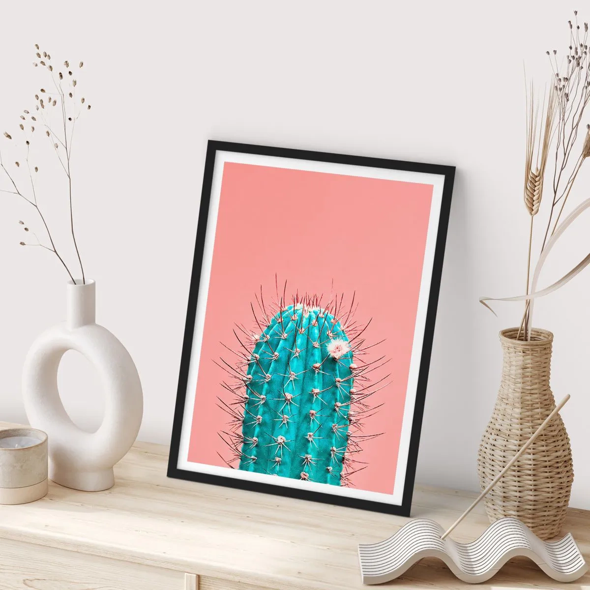 Poster in cornice nera - Cactus turchese su sfondo rosa - 50x70cm - Stai attento - Decorazione murale moderna per soggiorno e camera da letto ARTTOR