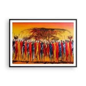 Poster in cornice nera - Una scena colorata con figure africane sullo sfondo del sole al tramonto. - 100x70cm - Al suono dei tam tam - Decorazione murale moderna per soggiorno e camera da letto ARTTOR