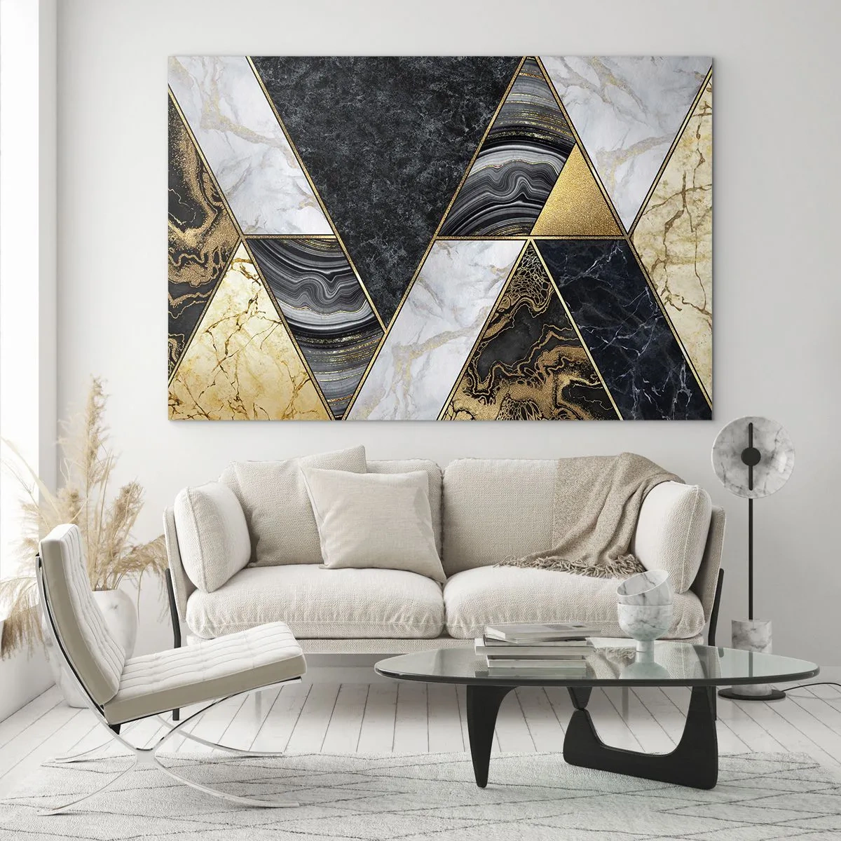 Quadro su vetro - Motivo geometrico di triangoli di marmo e oro - 120x80cm - Pietra su pietra - Decorazione murale moderna per soggiorno e camera da letto ARTTOR