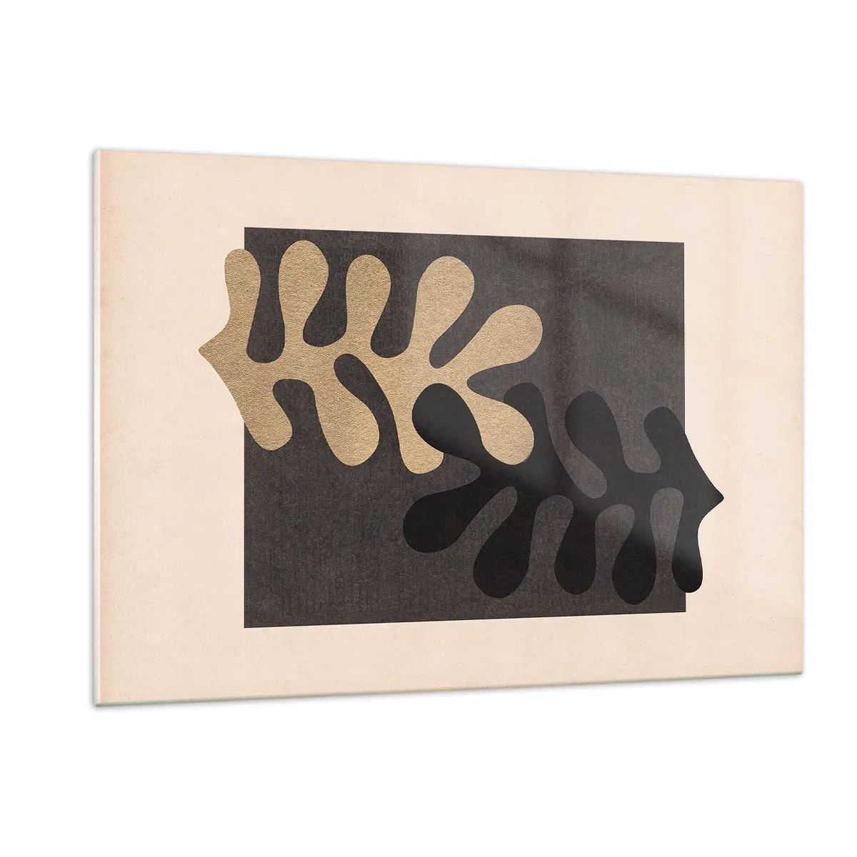 Quadro su vetro - Forme astratte in nero e beige su uno sfondo geometrico - 120x80cm - Assenza e completamento - Decorazione murale moderna per soggiorno e camera da letto ARTTOR