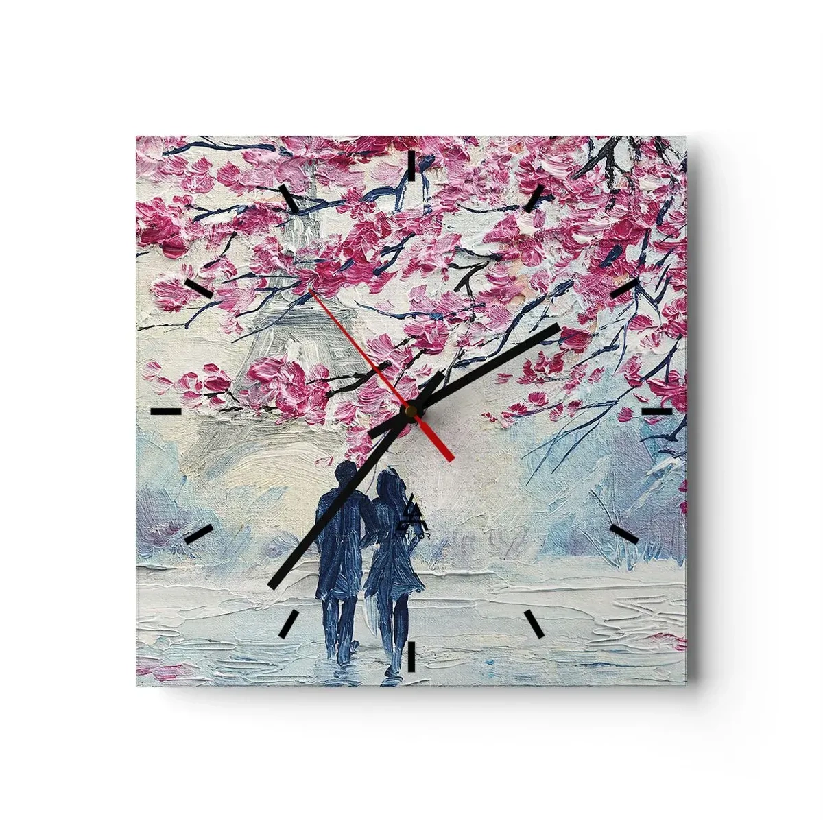 Orologio da parete - Orologio in Vetro - Una coppia sotto alberi rosa in fiore in un ambiente romantico - 30x30cm - Passeggiata romantica - Decorazione murale moderna per soggiorno e camera da letto ARTTOR