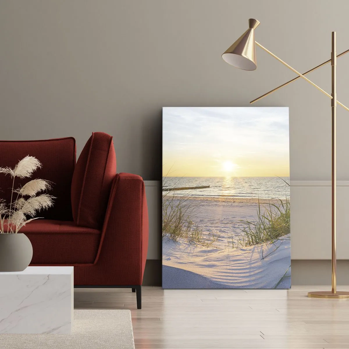 Quadro su tela - Stampe su Tela - Una spiaggia sabbiosa con vista sul tramonto sul mare - 70x100cm - Rumore del mare, uccelli che cantano, spiaggia selvatica tra i cespugli... - Decorazione murale moderna per soggiorno e camera da letto ARTTOR