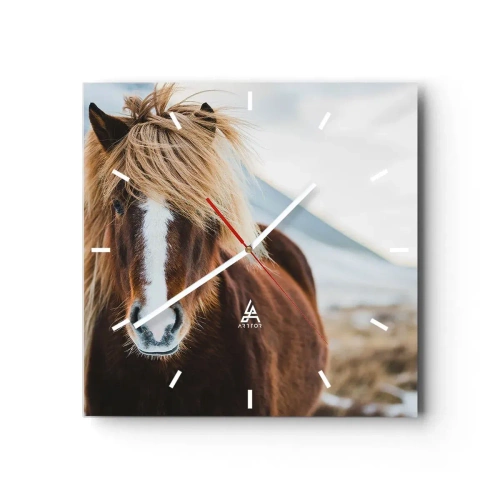 Orologio da parete - Orologio in Vetro - Cavallo islandese contro un paesaggio montano - 30x30cm - Senti la libertà? - Decorazione murale moderna per soggiorno e camera da letto ARTTOR