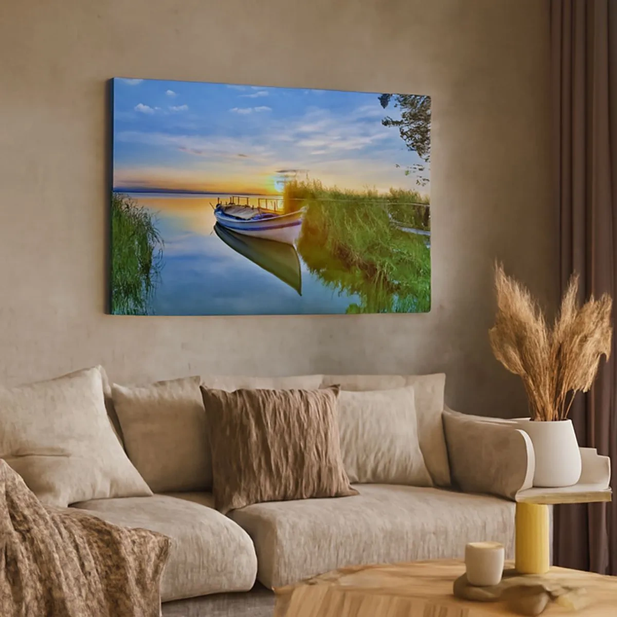Quadro su tela - Stampe su Tela - Una barca in una baia tranquilla al tramonto - 70x50cm - L'insenatura dei sogni realizzati - Decorazione murale moderna per soggiorno e camera da letto ARTTOR