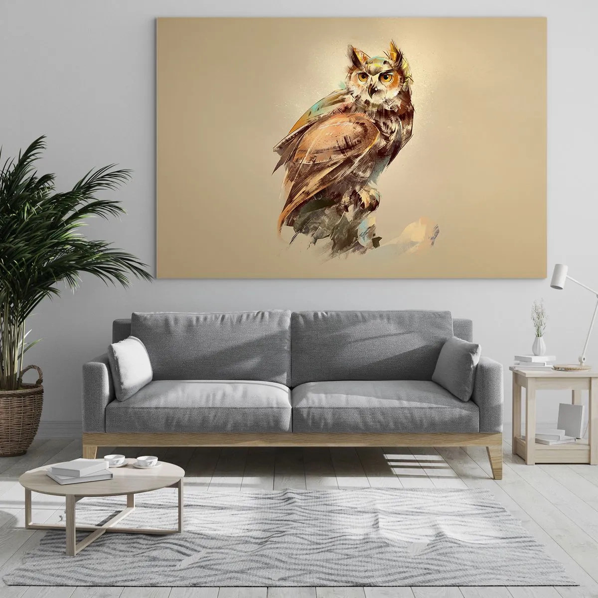 Quadro su vetro - Gufo astratto con dipinto artistico - 100x70cm - Il gufo più saggio - il querceto lo conferma - Decorazione murale moderna per soggiorno e camera da letto ARTTOR