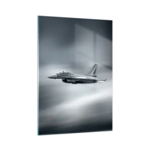 Quadro su vetro - Un aereo da caccia in volo contro un cielo nuvoloso - 50x70cm - Lanci la sfida? - Decorazione murale moderna per soggiorno e camera da letto ARTTOR