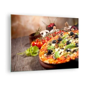 Quadro su vetro - Pizza con olive, funghi ed erbe fresche su un tavolo di legno - 70x50cm - Con ingredienti tellurici - Decorazione murale moderna per soggiorno e camera da letto ARTTOR