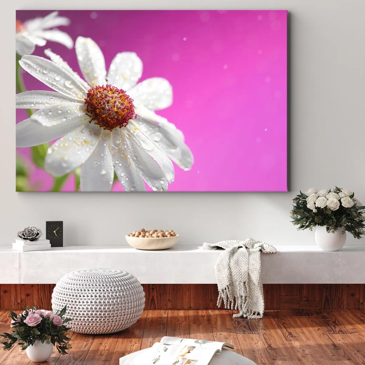 Quadro su tela - Stampe su Tela - Una margherita bianca ricoperta di gocce d'acqua su uno sfondo rosa - 120x80cm - Modesto nella sua bellezza - Decorazione murale moderna per soggiorno e camera da letto ARTTOR