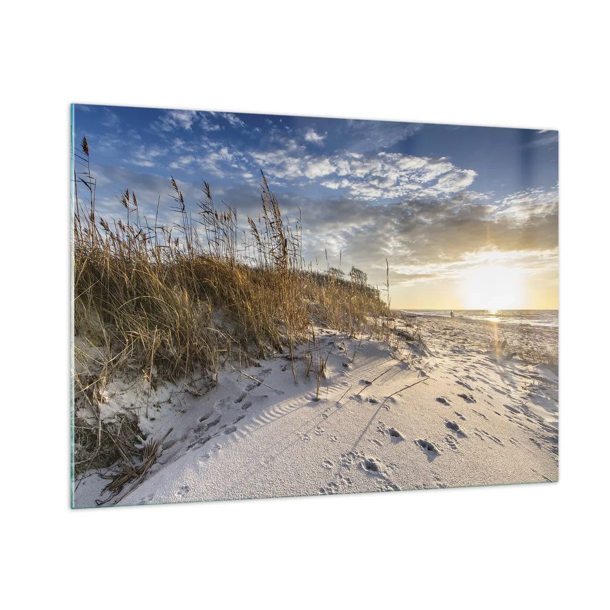 Quadro su vetro - Spiaggia sabbiosa al tramonto con erba vicino alla duna - 100x70cm - Invito a passeggiare - Decorazione murale moderna per soggiorno e camera da letto ARTTOR