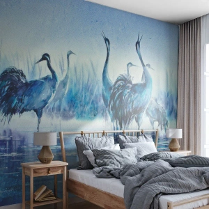 Fotomurali Premium Sand - Uccelli trampolieri all'alba contro le acque blu - 100x70cm - Incontro mattutino - Decorazione murale moderna per soggiorno e camera da letto ARTTOR