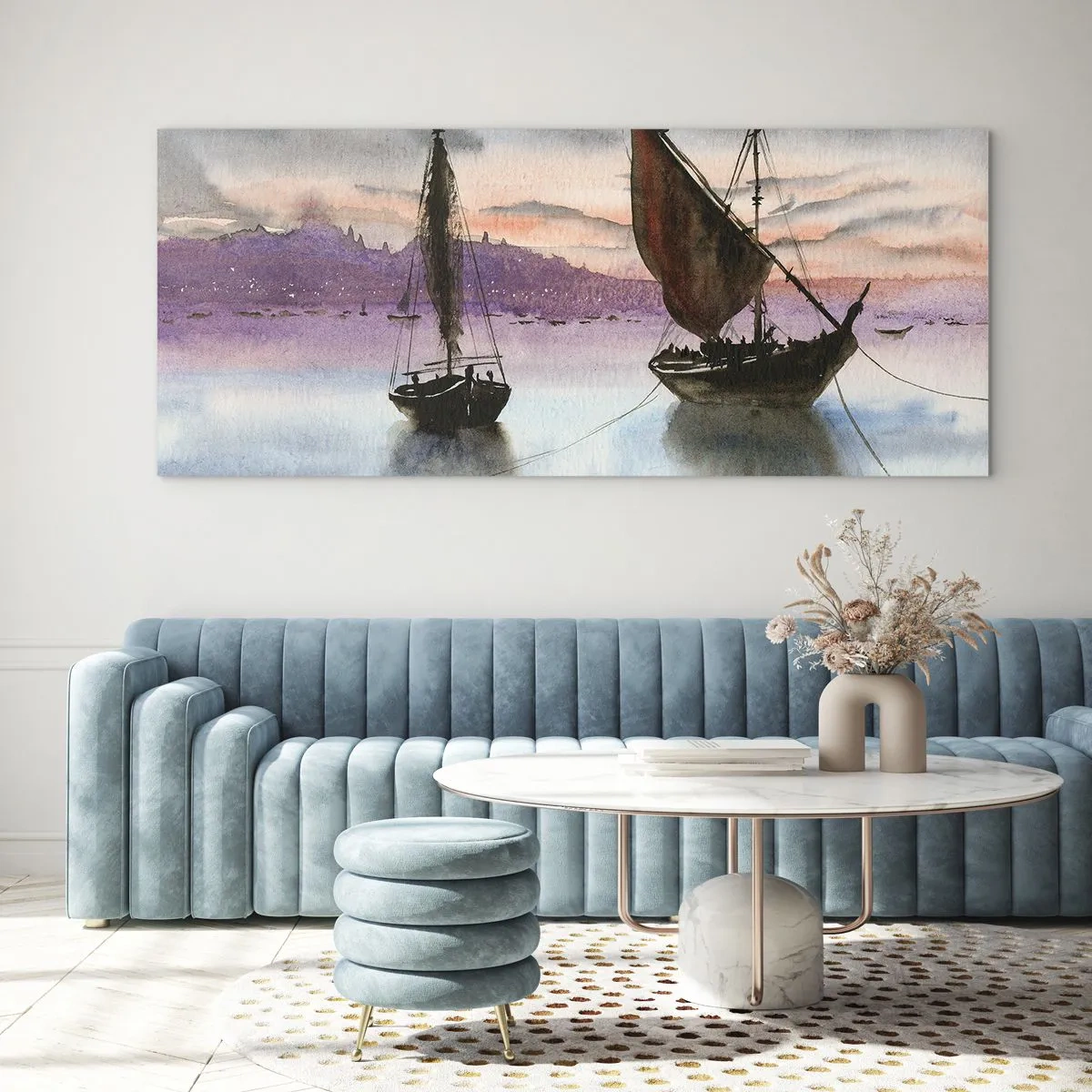 Quadro su vetro - Due velieri ormeggiati in acque calme al tramonto - 120x50cm - La sera nel porto - Decorazione murale moderna per soggiorno e camera da letto ARTTOR