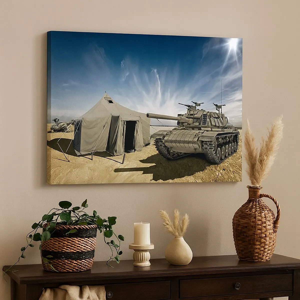 Quadro su tela - Stampe su Tela - Un carro armato accanto a una tenda militare in una zona desertica - 70x50cm - Sogno militare - Decorazione murale moderna per soggiorno e camera da letto ARTTOR