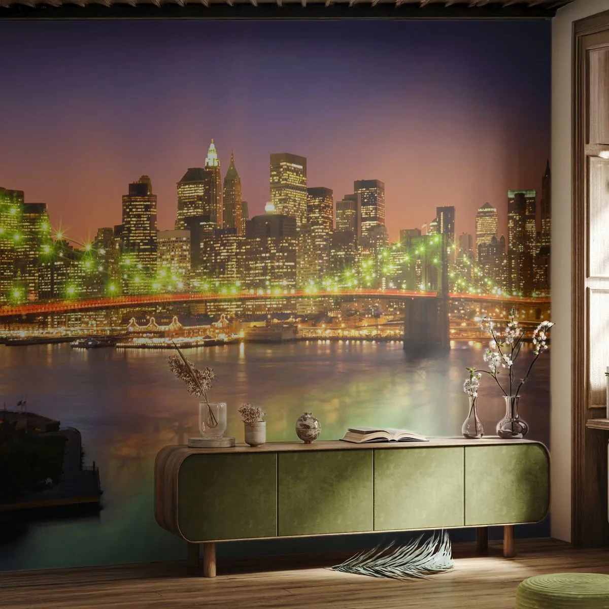 Fotomurali Premium Sand - Qui la luce non si spegne mai - Città, New York, ponte di Brooklyn - 500x350 cm