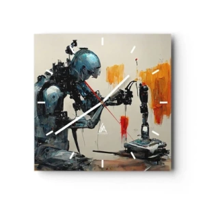 Orologio da parete - Orologio in Vetro - Robot al lavoro con sfondo astratto - 30x30cm - È già domani... - Decorazione murale moderna per soggiorno e camera da letto ARTTOR