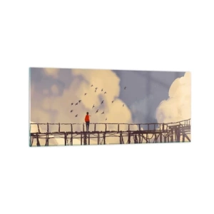 Quadro su vetro - Una figura su un ponte tra le nuvole con uccelli nel cielo - 120x50cm - Nostalgia del cielo - Decorazione murale moderna per soggiorno e camera da letto ARTTOR