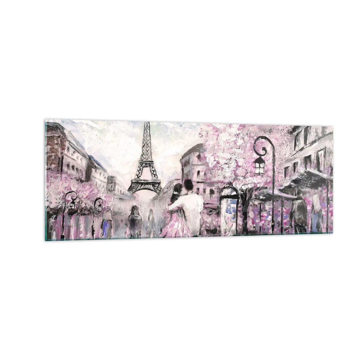 Quadro su vetro - Una passeggiata romantica a Parigi vicino alla Torre Eiffel - 140x50cm - Se innamorarsi, allora solo a... - Decorazione murale moderna per soggiorno e camera da letto ARTTOR