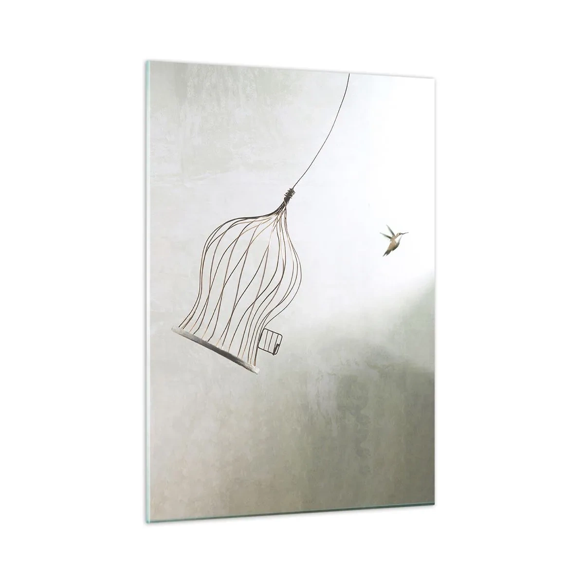 Quadro su vetro - Una gabbia aperta e un colibrì che vola via alla luce del giorno - 50x70cm - Nel proprio elemento - Decorazione murale moderna per soggiorno e camera da letto ARTTOR