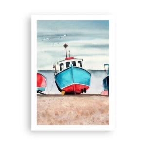 Poster - Barche da pesca blu pittoriche sulla riva - 50x70cm - Pronte alla pesca - Decorazione murale moderna per soggiorno e camera da letto ARTTOR