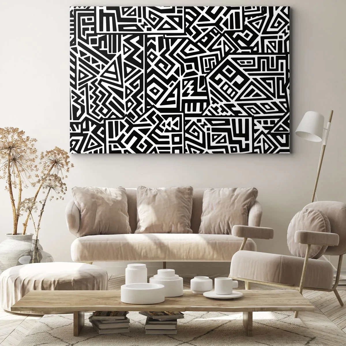 Quadro su tela - Stampe su Tela - Motivi geometrici in bianco e nero ispirati alla cultura precolombiana - 120x80cm - Composizione precolombiana - Decorazione murale moderna per soggiorno e camera da letto ARTTOR