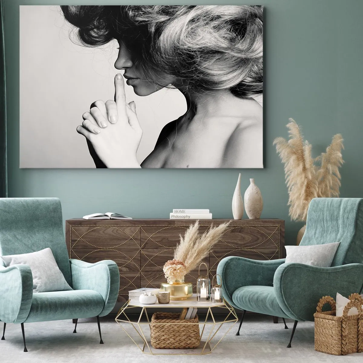 Quadro su tela - Stampe su Tela - Profilo in bianco e nero di una donna che fa un gesto di silenzio - 70x50cm - Ascoltando se stessa - Decorazione murale moderna per soggiorno e camera da letto ARTTOR