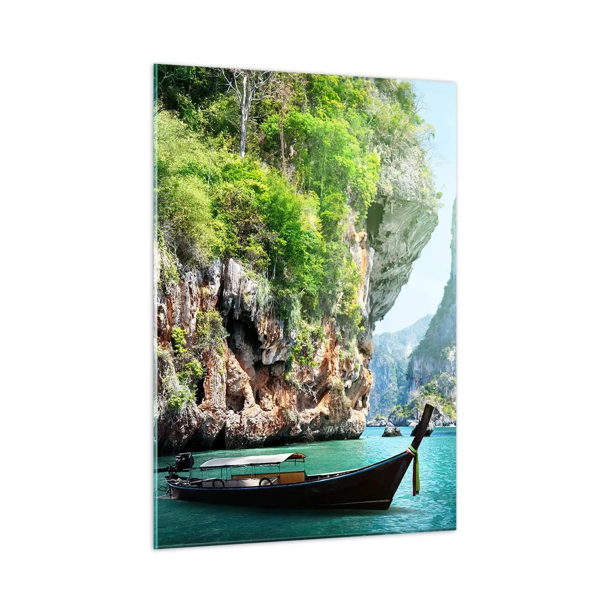 Quadro su vetro - Una barca tradizionale sull'acqua turchese tra le scogliere - 50x70cm - Invito a un viaggio esotico - Decorazione murale moderna per soggiorno e camera da letto ARTTOR