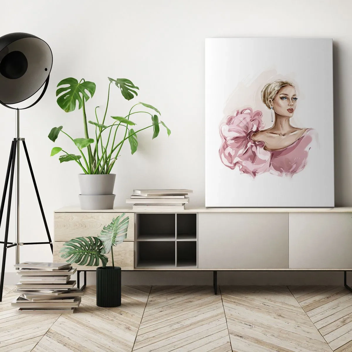 Quadro su tela - Stampe su Tela - Ritratto di una donna in abito rosa su sfondo chiaro - 50x70cm - Come un quadro... - Decorazione murale moderna per soggiorno e camera da letto ARTTOR