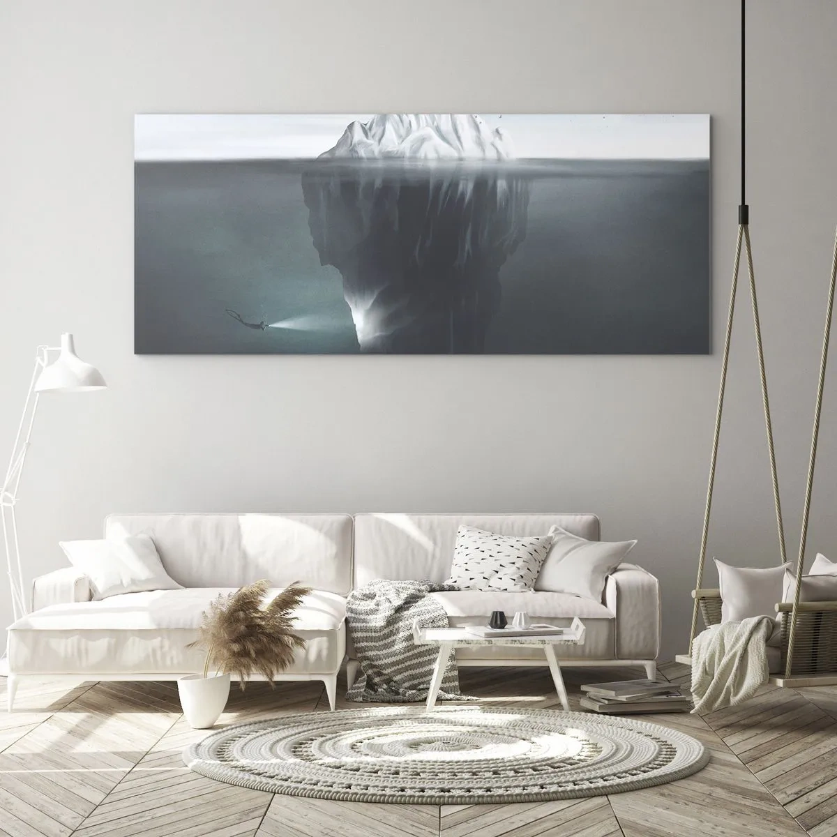 Quadro su vetro - Un iceberg in acqua con un sub e un riflettore sotto la superficie. - 160x50cm - Mistero sottomarino - Decorazione murale moderna per soggiorno e camera da letto ARTTOR