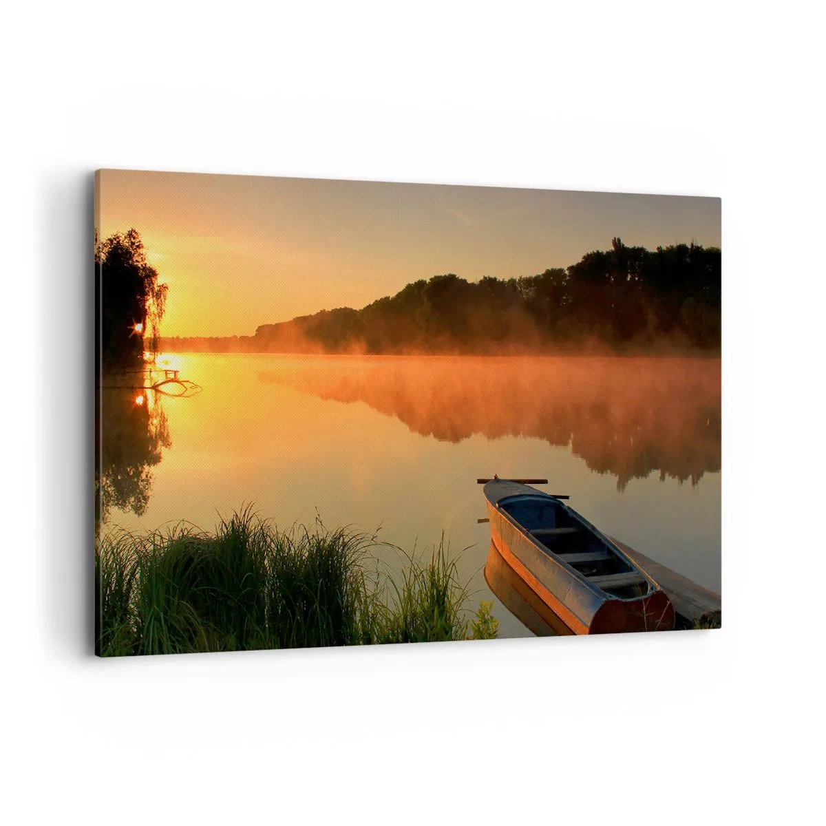 Quadro su tela - Stampe su Tela - Nebbia mattutina sul fiume con una barca sotto i raggi del sole - 120x80cm - Alba sull'acqua, come uno specchio - Decorazione murale moderna per soggiorno e camera da letto ARTTOR
