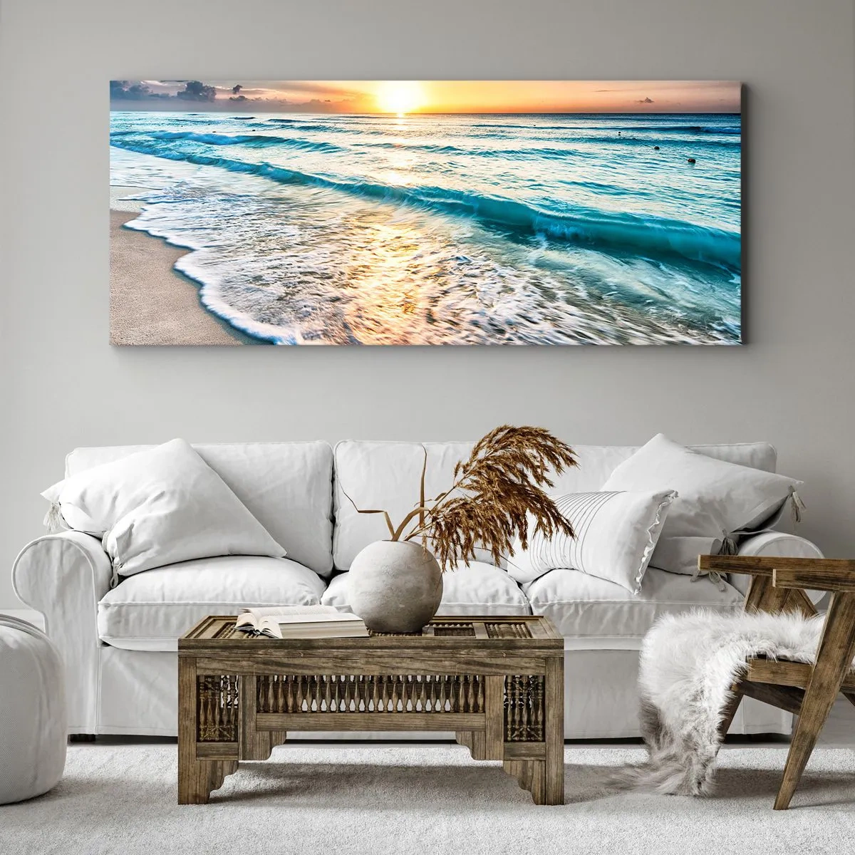 Quadro su tela - Stampe su Tela - Alba su una spiaggia tranquilla con onde - 140x50cm - Tramonto sul mare - Decorazione murale moderna per soggiorno e camera da letto ARTTOR